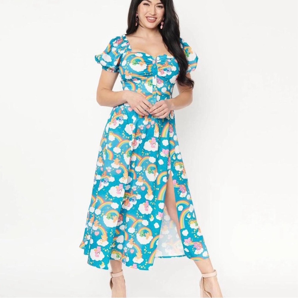NWOT Unique Vintage x Care Bears Milkmaid Dress Sz S Teal Rainbows Daydream Midi